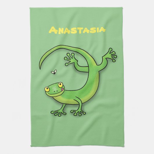 Cute green gecko lizard cartoon theedoek (Verticaal)