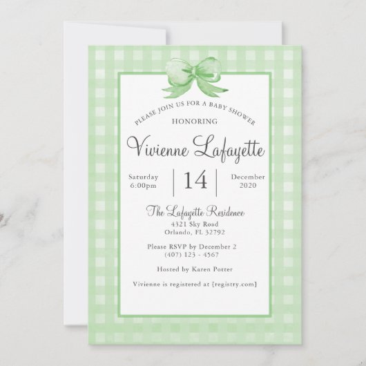 Cute Green Gingham met Bow Baby shower Kaart (Voorkant)