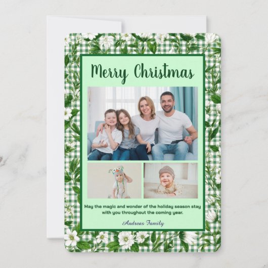 Cute Green Gingham Plaid 3 Photo Christmas Feestdagenkaart (Voorkant)