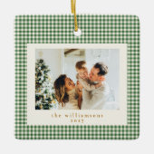 Cute Green Gingham Pset Aangepaste kerstfoto Keramisch Ornament (Voorkant)