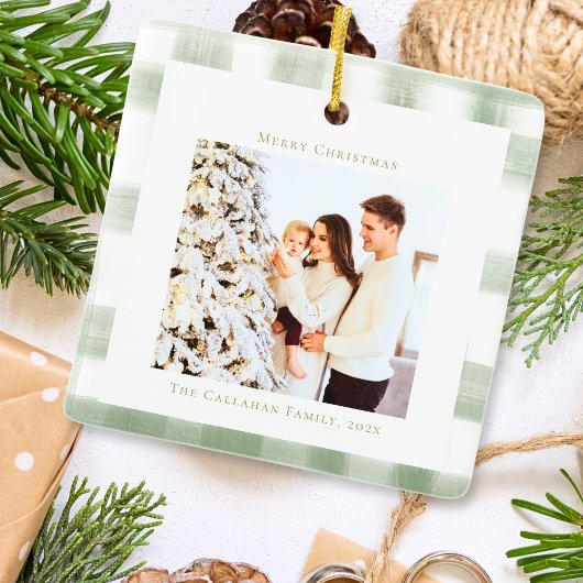 Cute Green Gingham Pset Aangepaste kerstfoto Keramisch Ornament