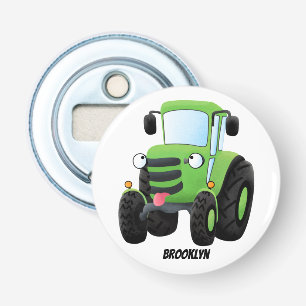 Cute green happy boerderij tractor cartoon illustr button flesopener