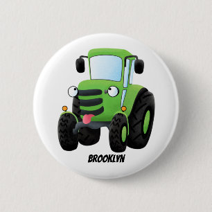 Cute green happy boerderij tractor cartoon illustr ronde button 5,7 cm
