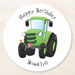 Cute green happy boerderij tractor cartoon illustr ronde kartonnen onderzetter