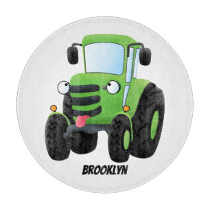 Cute green happy boerderij tractor cartoon illustr snijplank