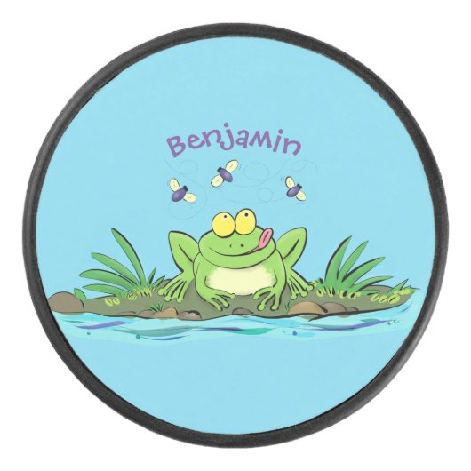 Cute green hongkikker cartoon illustratie hockey puck (Voorkant)