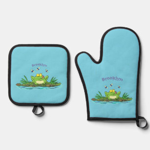 Cute green hongkikker cartoon illustratie ovenwant & pannenlap set