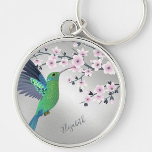 Cute Green Hummingbird Cherry Blossom Add Name Ke Sleutelhanger