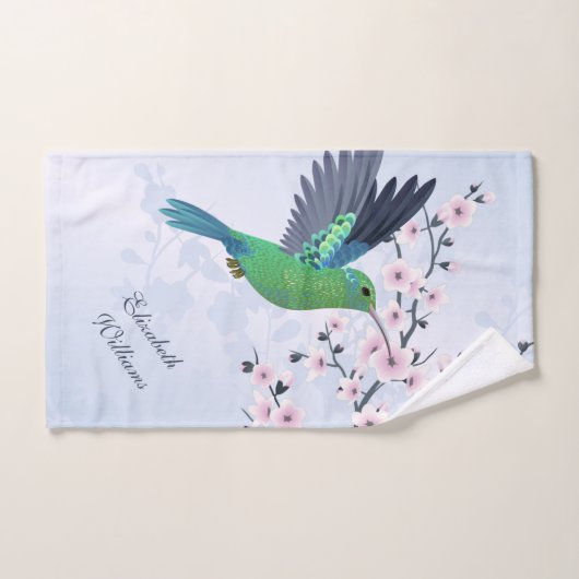 Cute Green Hummingbird Cherry Blossom Ajouter Nom  (Serviette à main)