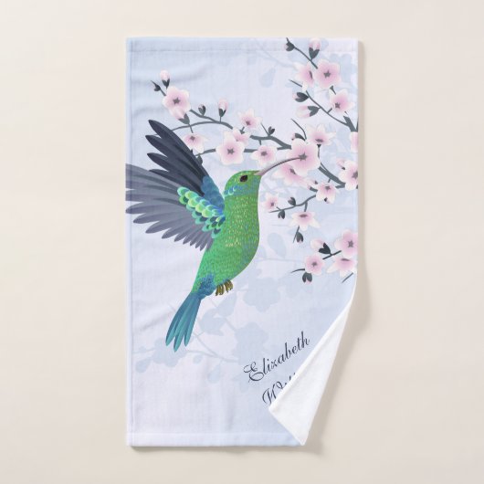 Cute Green Hummingbird Cherry Blossom Ajouter Nom  (Serviette à main)