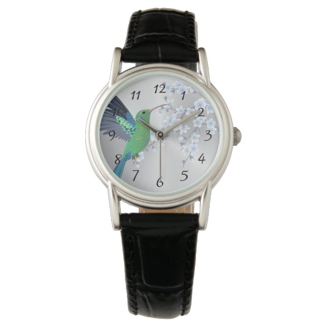 Cute Green Hummingbird Cherry Blossom Horloge (Voorkant)