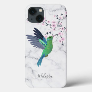 Cute Green Hummingbird Cherry Blossom Monogram iPhone 13 Hoesje