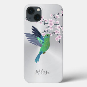 Cute Green Hummingbird Cherry Blossom Monogram iPhone 13 Hoesje