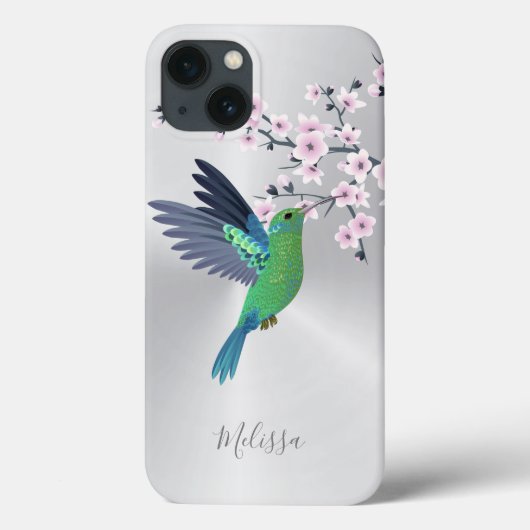 Cute Green Hummingbird Cherry Blossom Monogram Case-Mate iPhone Case (Achterkant)