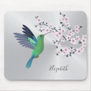 Cute Green Hummingbird Cherry Blossom Voeg Naam to Muismat