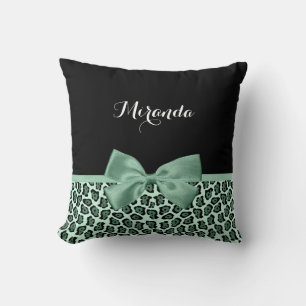 Cute Green Jaguar Print Girly Jade Bow en Name Kussen