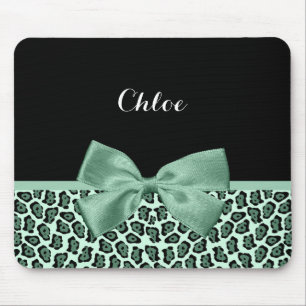 Cute Green Jaguar Print Girly Jade Bow en Name Muismat