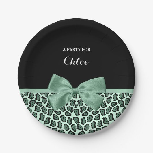 Cute Green Jaguar Print Girly Jade Bow en Name Papieren Bordje (Voorkant)