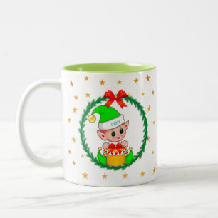Cute Green Kerstmis Elf, Pine Wreath & Stars Tweekleurige Koffiemok