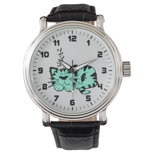 Cute Green Kitty Cat Nap Wrist Watch Horloge (Voorkant)