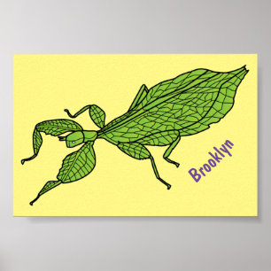 Cute green leaf insect cartoon poster