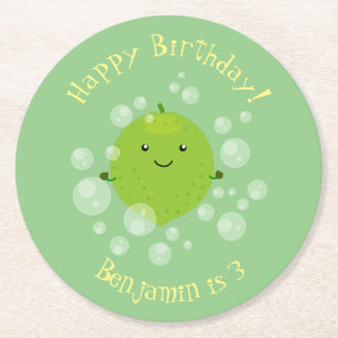 Cute green limoen bubbles cartoon afbeelding ronde kartonnen onderzetter