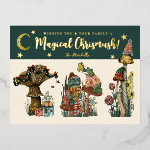 Cute Green Magical Mushroom Merry Kerstmis Folie Feestdagen Briefkaart
