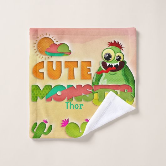 Cute Green Monster Custom Name Washandje (Wasdoekje)