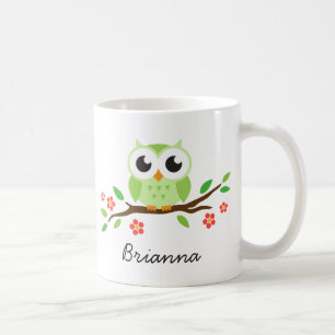 Cute green owl on floral branch personalized name koffiemok