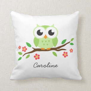 Cute green owl on floral branch personalized name kussen
