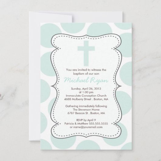 Cute Green Polka Dots Cross Baptism Invitation Kaart (Voorkant)