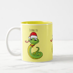 Cute green slang met santa hat cartoon tweekleurige koffiemok