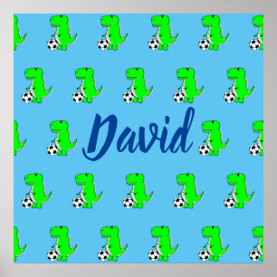 Cute Green Soccer Dino T-Rex op Blue Poster