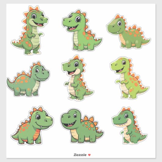 Cute Green T-Rex Dinosaur Kids Vinyl Sticker (Feuille)