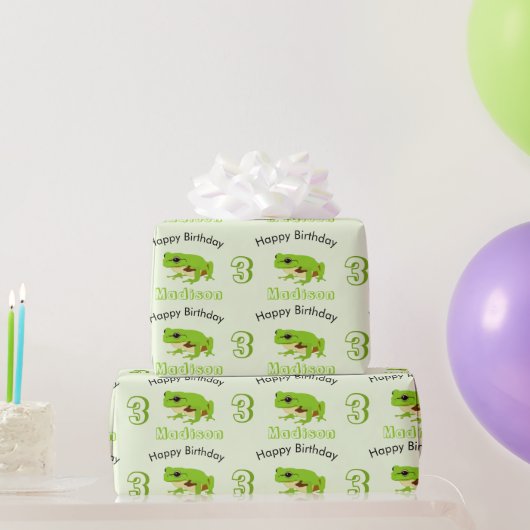 Cute Green Tree Frog Pattern Name Age Birthday Cadeaupapier (Feestgeschenken)