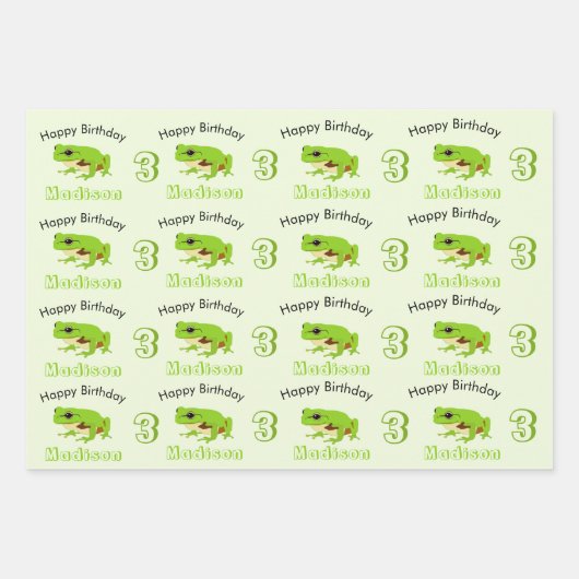 Cute Green Tree Frog Pattern Name Age Birthday Inpakpapier Vel (Voorkant)
