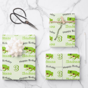 Cute Green Tree Frog Pattern Name Age Birthday Inpakpapier Vel