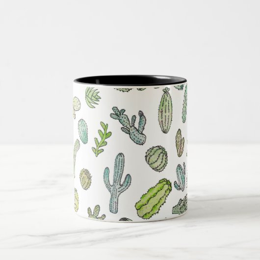 Cute Green Waterverf Paint Summer Cactus Pattern Tweekleurige Koffiemok (Center)