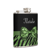 Cute Green Zebra Print FAUX Glitz Bow met naam Heupfles (Rechts)