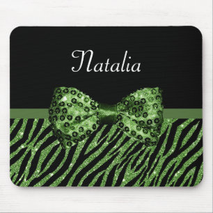 Cute Green Zebra Print FAUX Glitz Bow met naam Muismat