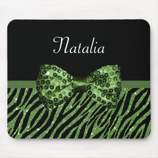 Cute Green Zebra Print FAUX Glitz Bow met naam Muismat (Voorkant)