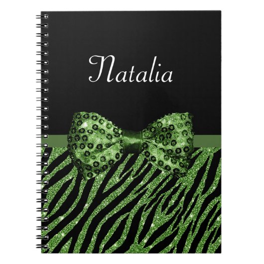 Cute Green Zebra Print FAUX Glitz Bow met naam Notitieboek (Voorkant)