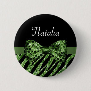 Cute Green Zebra Print FAUX Glitz Bow met naam Ronde Button 5,7 Cm