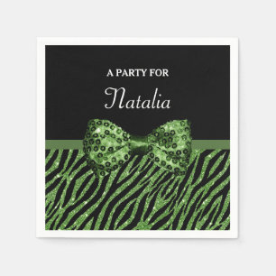 Cute Green Zebra Print FAUX Glitz Bow met naam Servetten