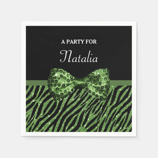 Cute Green Zebra Print FAUX Glitz Bow met naam Servetten (Voorkant)
