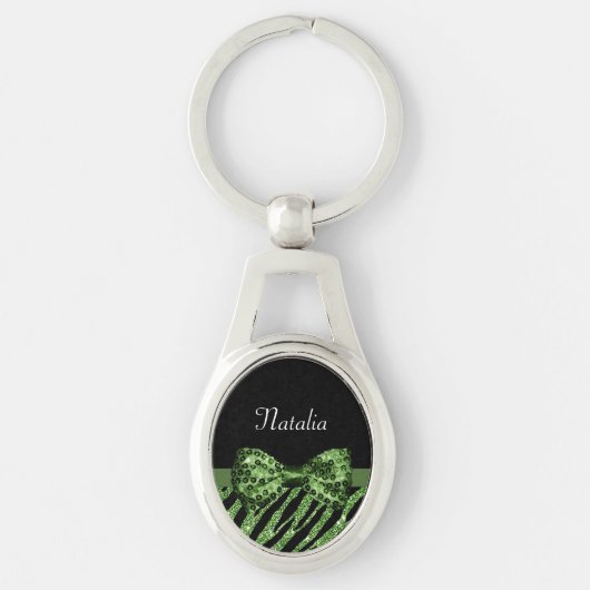 Cute Green Zebra Print FAUX Glitz Bow met naam Sleutelhanger (Voorkant)