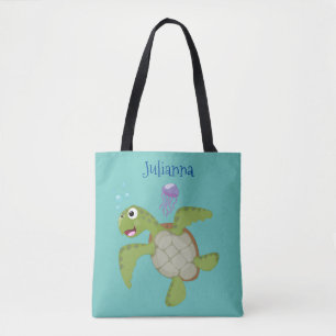 Cute green zee schildpad happy cartoon illustratie draagtas