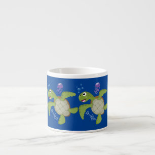 Cute green zee schildpad happy cartoon illustratie espresso kop