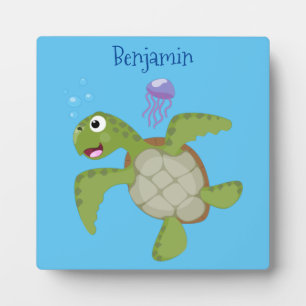 Cute green zee schildpad happy cartoon illustratie fotoplaat