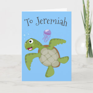 Cute green zee schildpad happy cartoon illustratie kaart